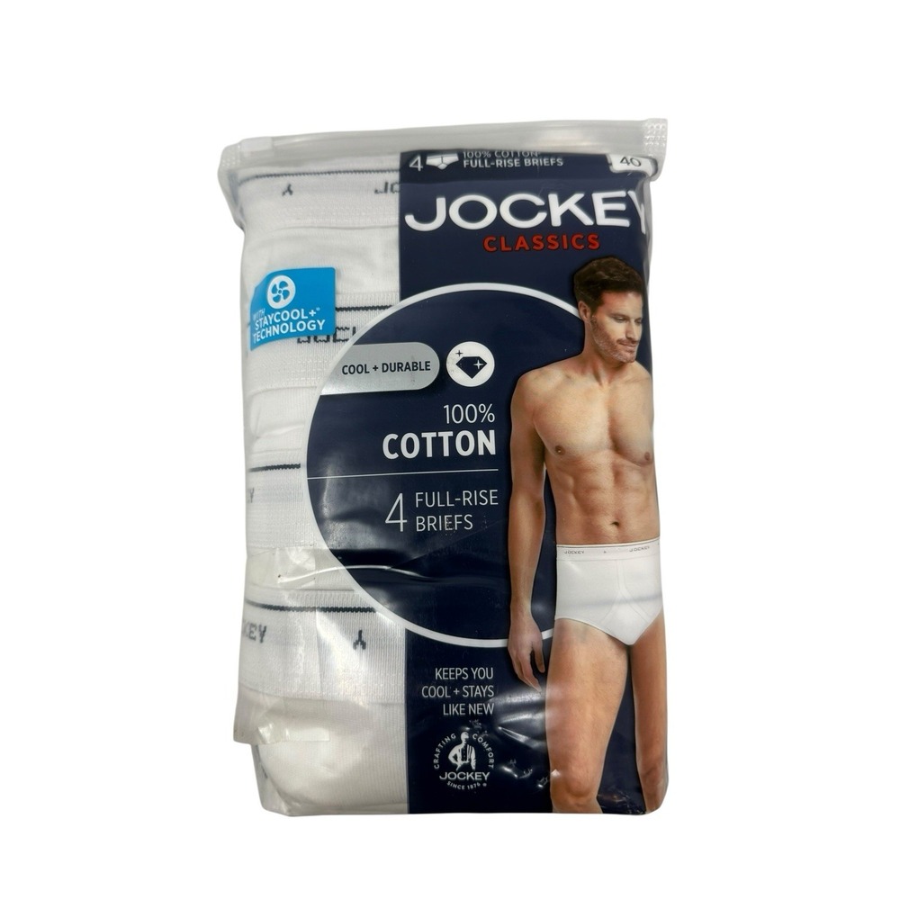 Jockey Classics Men's‎ 40 Full Rise Briefs 4-Pack 100% Cotton White NEW.